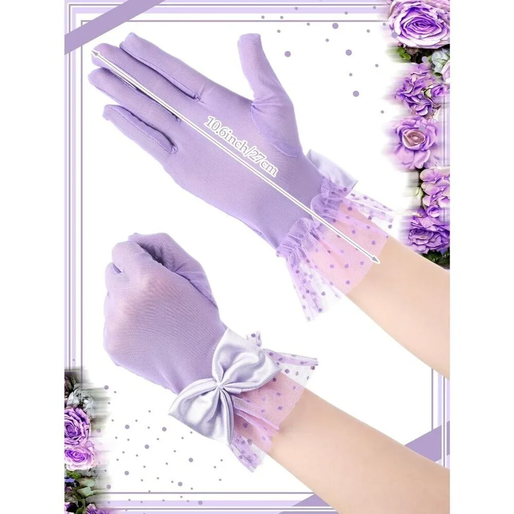 Women's Short Purple Bow Lace Gloves Tea Party Elegant Opera Wedding Accessories